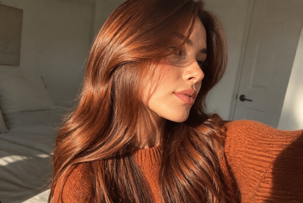 Young woman with rich copper-auburn hair in soft waves catching golden afternoon light