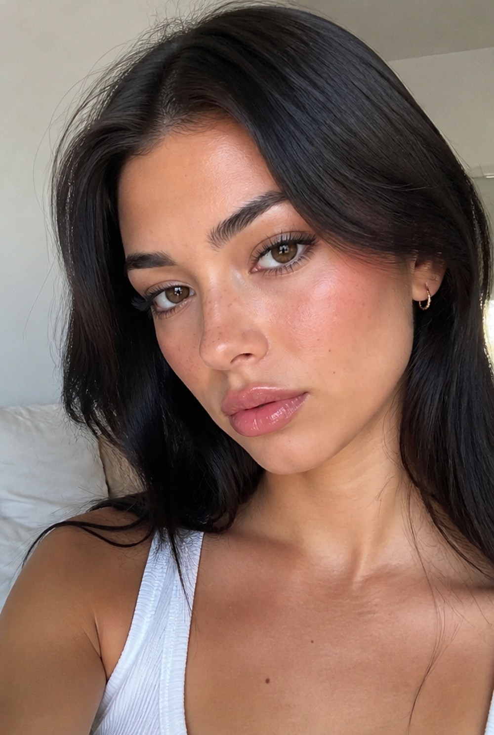 A woman with striking, balanced features