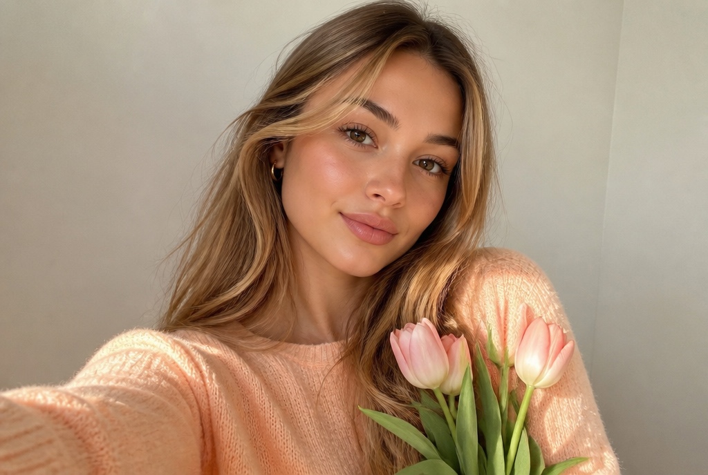 Young woman with golden honey-blonde hair in a peach sweater holding pale pink tulips