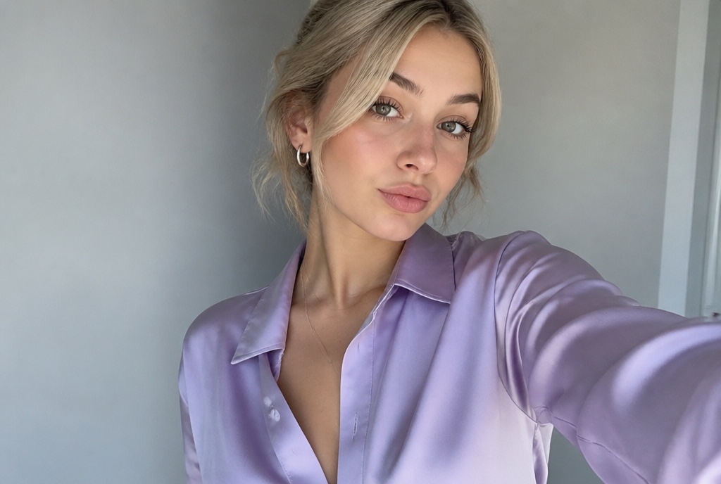 Young woman with ashy blonde hair in a lavender silk shirt with silver hoop earrings, cool daylight