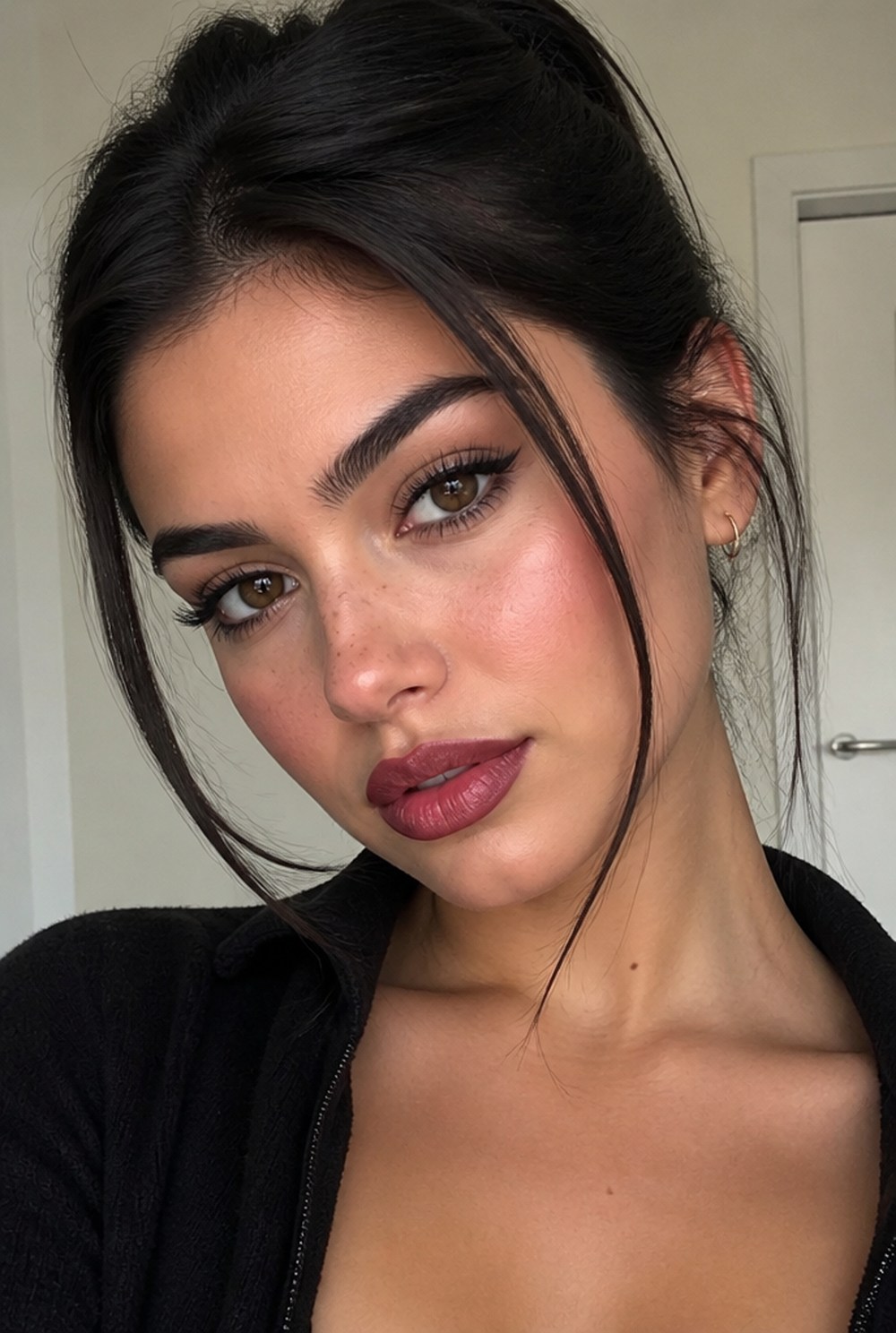 A woman with deep, cool coloring