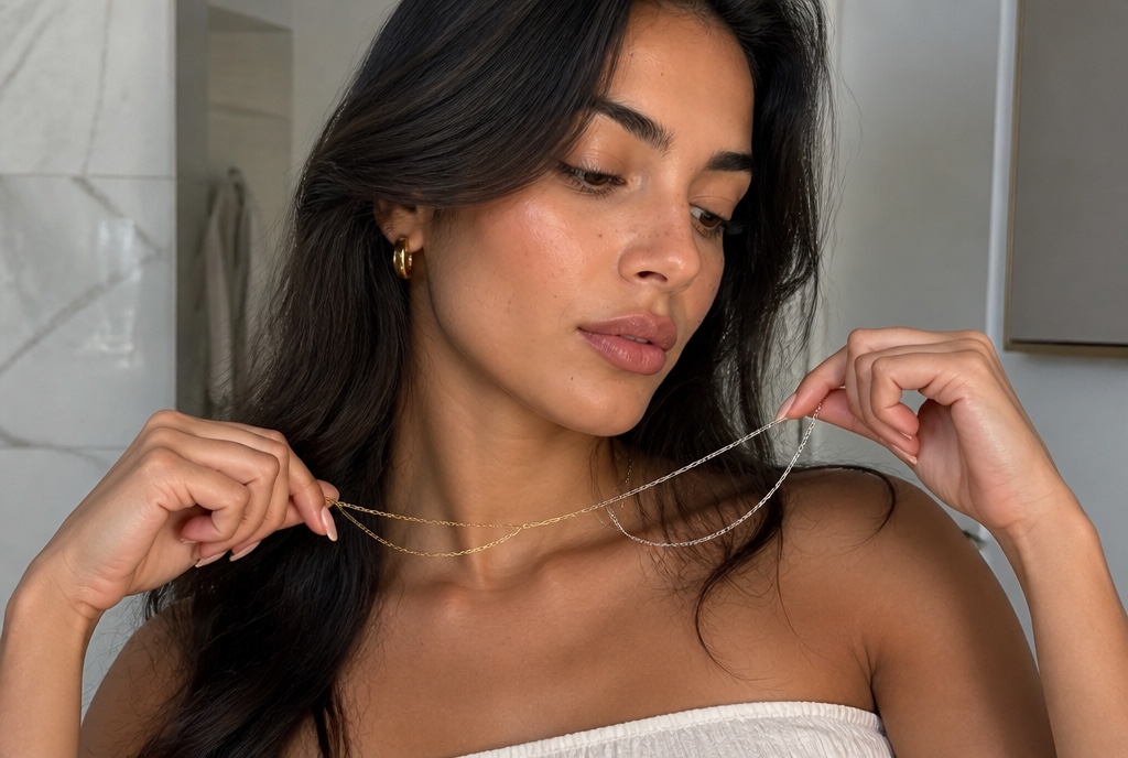 Young woman holding a gold and silver chain to her jawline, comparing them in natural daylight