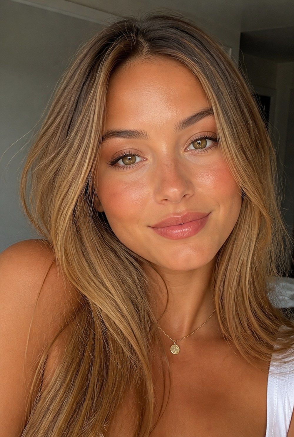A woman with warm golden skin in daylight