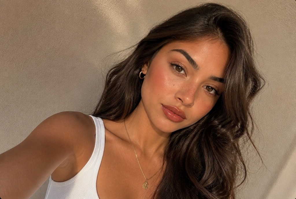 Young woman with warm medium-deep skin and rich brown hair wearing natural Autumn makeup: terracotta blush, brick lip, warm bronze glow