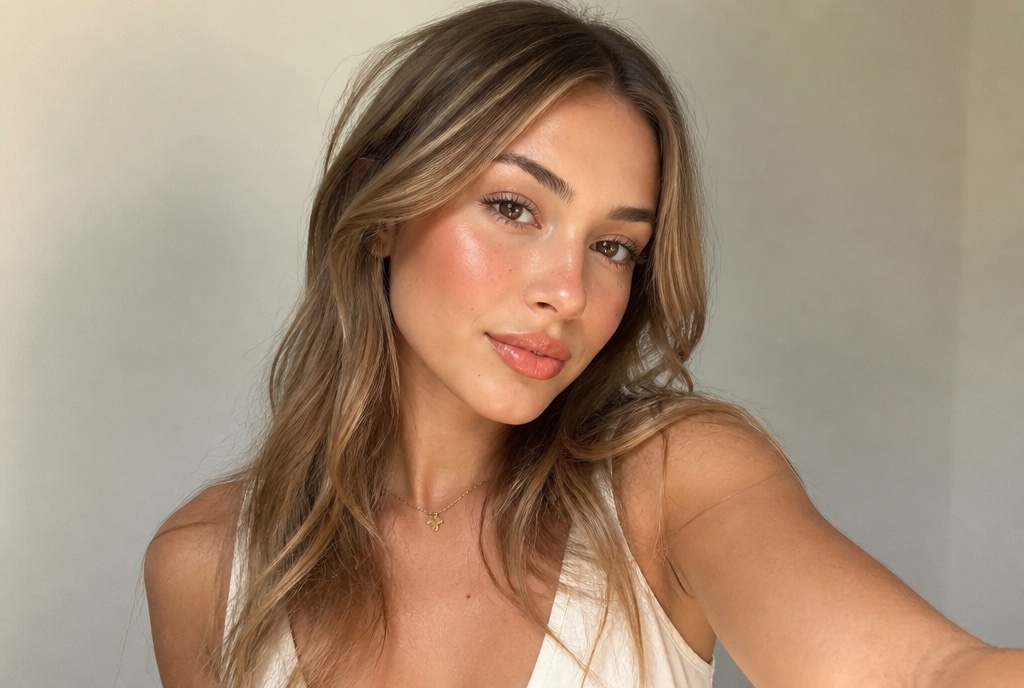 Young woman with golden honey-blonde hair wearing natural Spring makeup: peach blush, sheer coral lip, warm bronzer