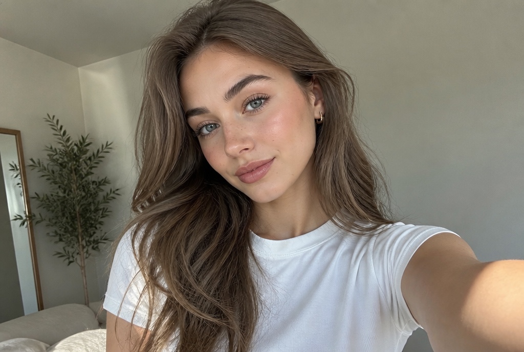 Young woman with ashy light brown hair wearing natural Summer makeup: dusty rose blush, cool mauve lip, soft satin skin