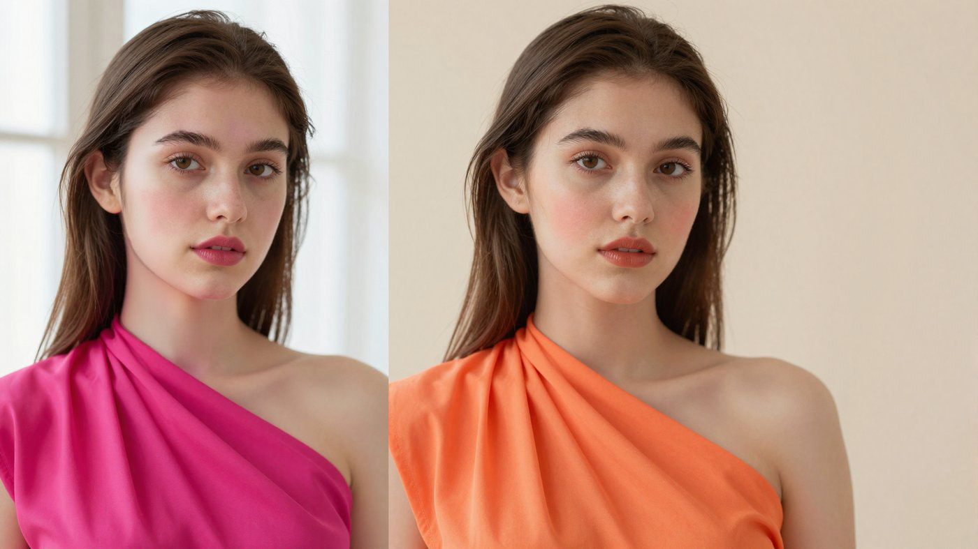 Bright magenta and warm orange swatches held next to skin to test chroma