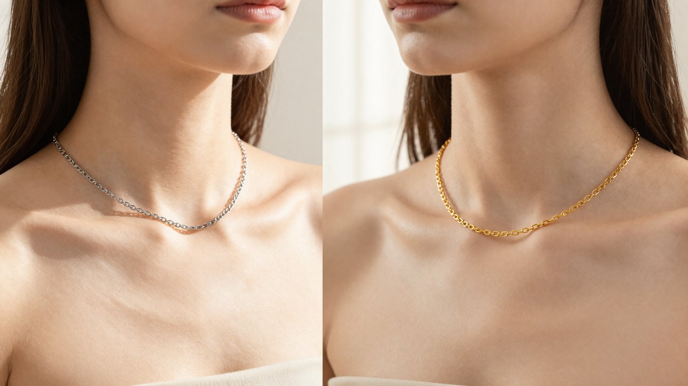 Gold and silver jewelry held against skin for the undertone test