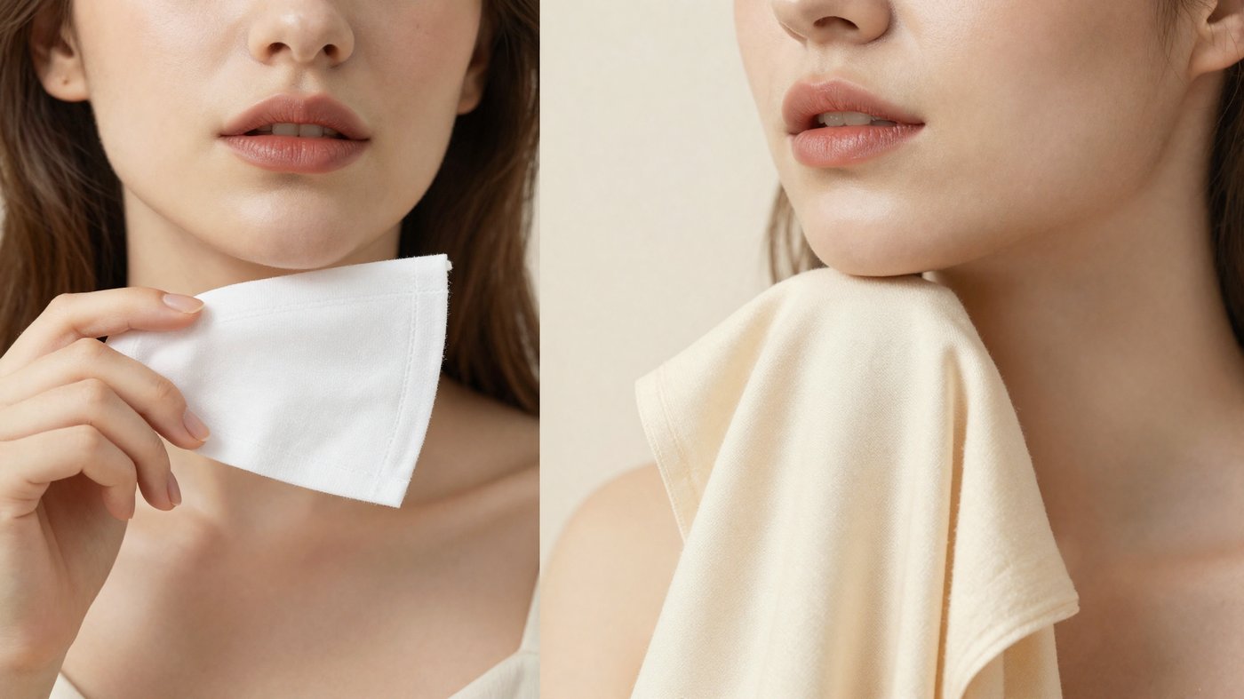 White and cream fabric swatches held next to skin to test undertone