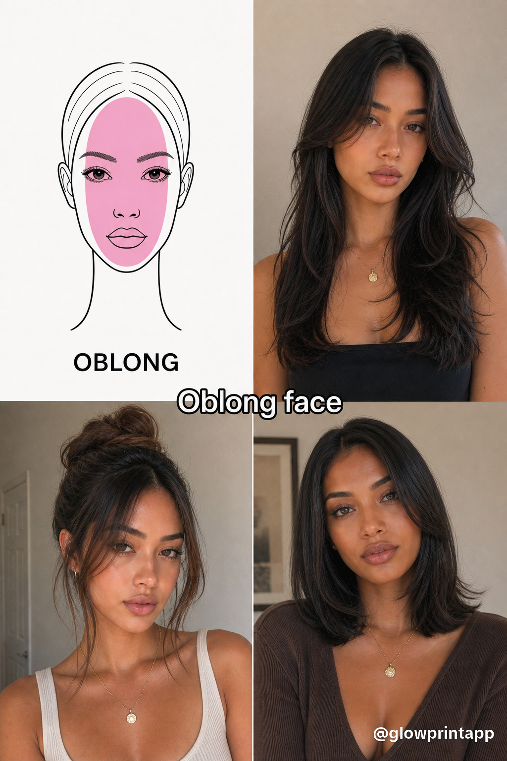 Long face shape: diagram with 3 real examples showing different hairstyles