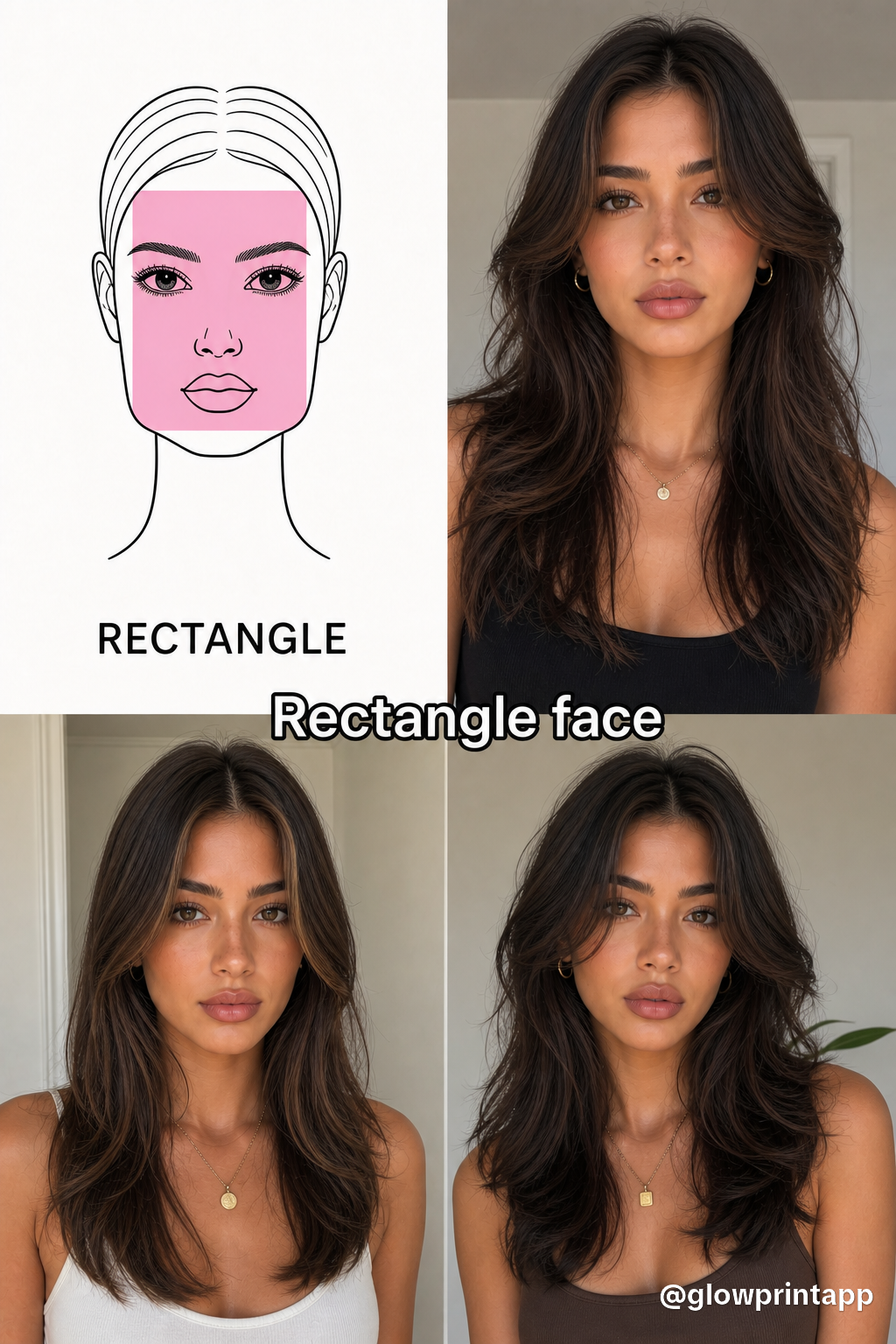 Rectangle face shape: diagram with 3 real examples showing different hairstyles