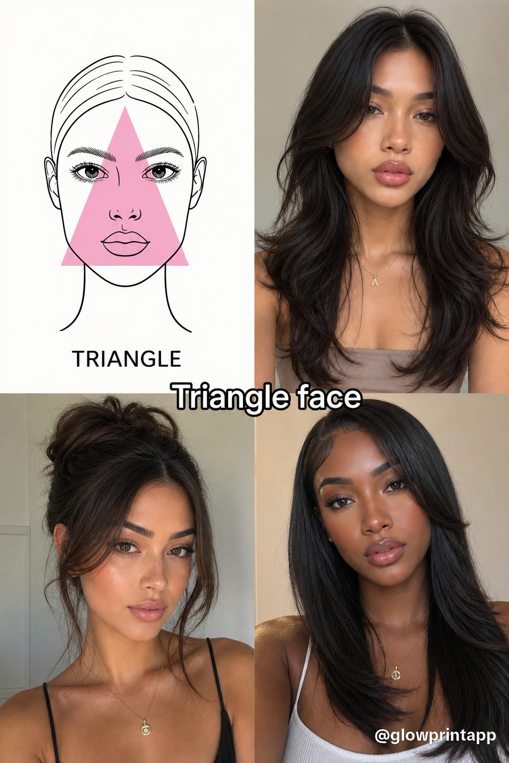 Triangle face shape: diagram with 3 real examples showing different hairstyles