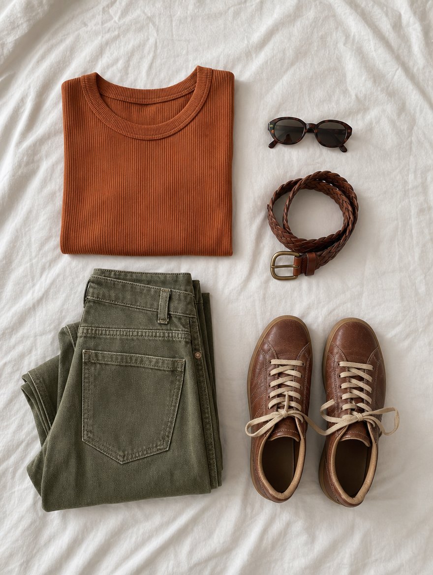 Autumn casual everyday outfit flat lay — Rust tee + warm-wash denim + warm brown leather boots + gold hoops