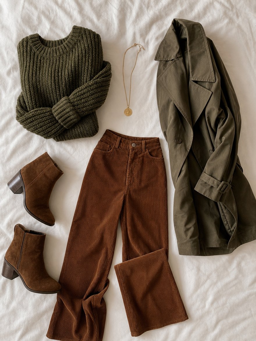 Autumn cooler weather outfit flat lay — Forest green chunky sweater + warm brown cords + caramel boots + rust wool scarf