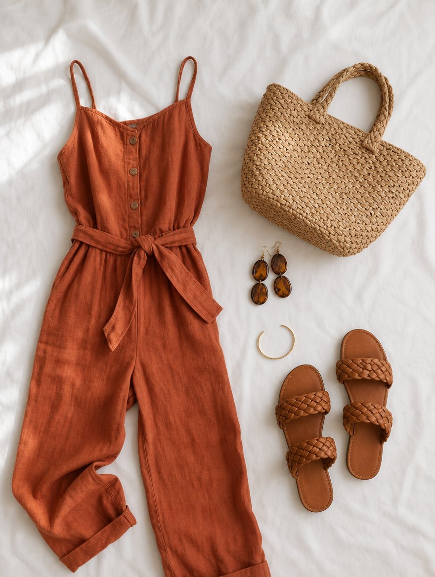 Autumn warm weather outfit flat lay — Mustard midi dress + warm tan sandals + woven leather bag + brass earrings