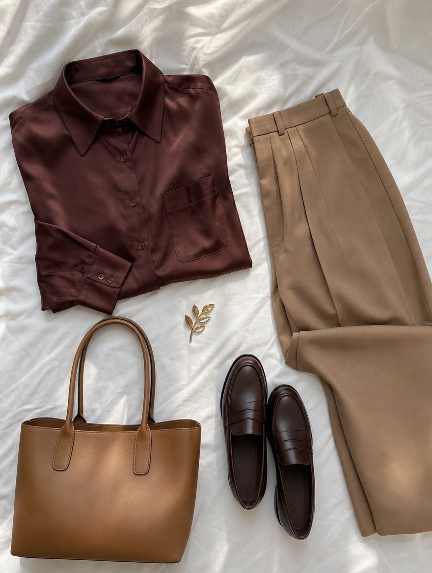 Autumn workday outfit flat lay — Warm cream silk blouse + camel tailored trousers + warm tan leather belt + caramel pumps