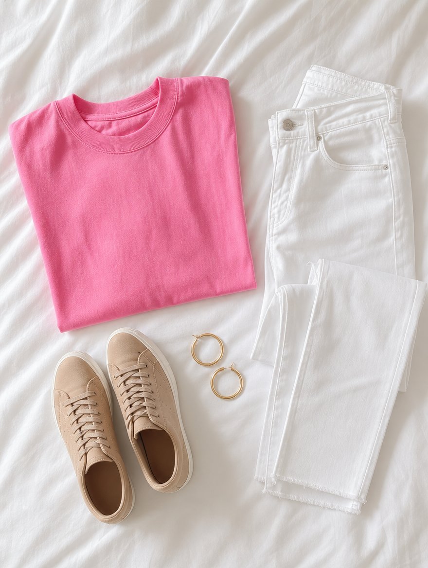 Bright Spring casual everyday outfit flat lay — Hot pink tee + clean white denim + warm tan sneakers + gold hoops