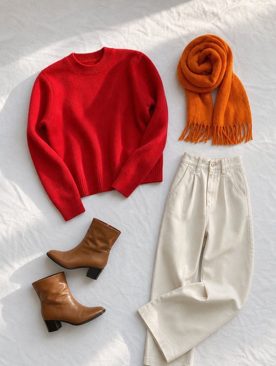 Bright Spring cooler weather outfit flat lay — Clear red sweater + ivory wide-leg pants + caramel boots + warm orange scarf