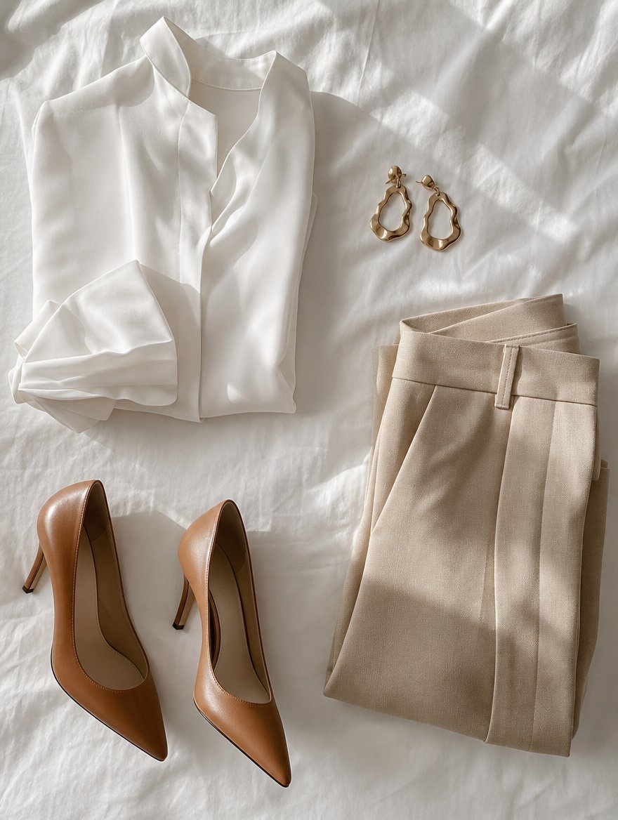 Bright Spring polished workday outfit flat lay — Pure white silk blouse + warm beige tailored trousers + caramel pumps + statement gold earrings