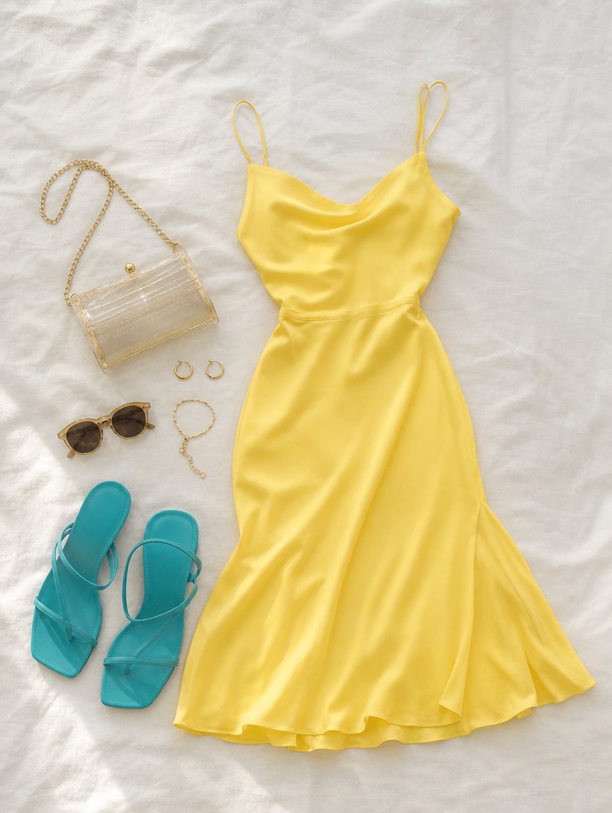 Bright Spring warm weather outfit flat lay — Lemon yellow midi dress + bright turquoise sandals + clear gold accessories
