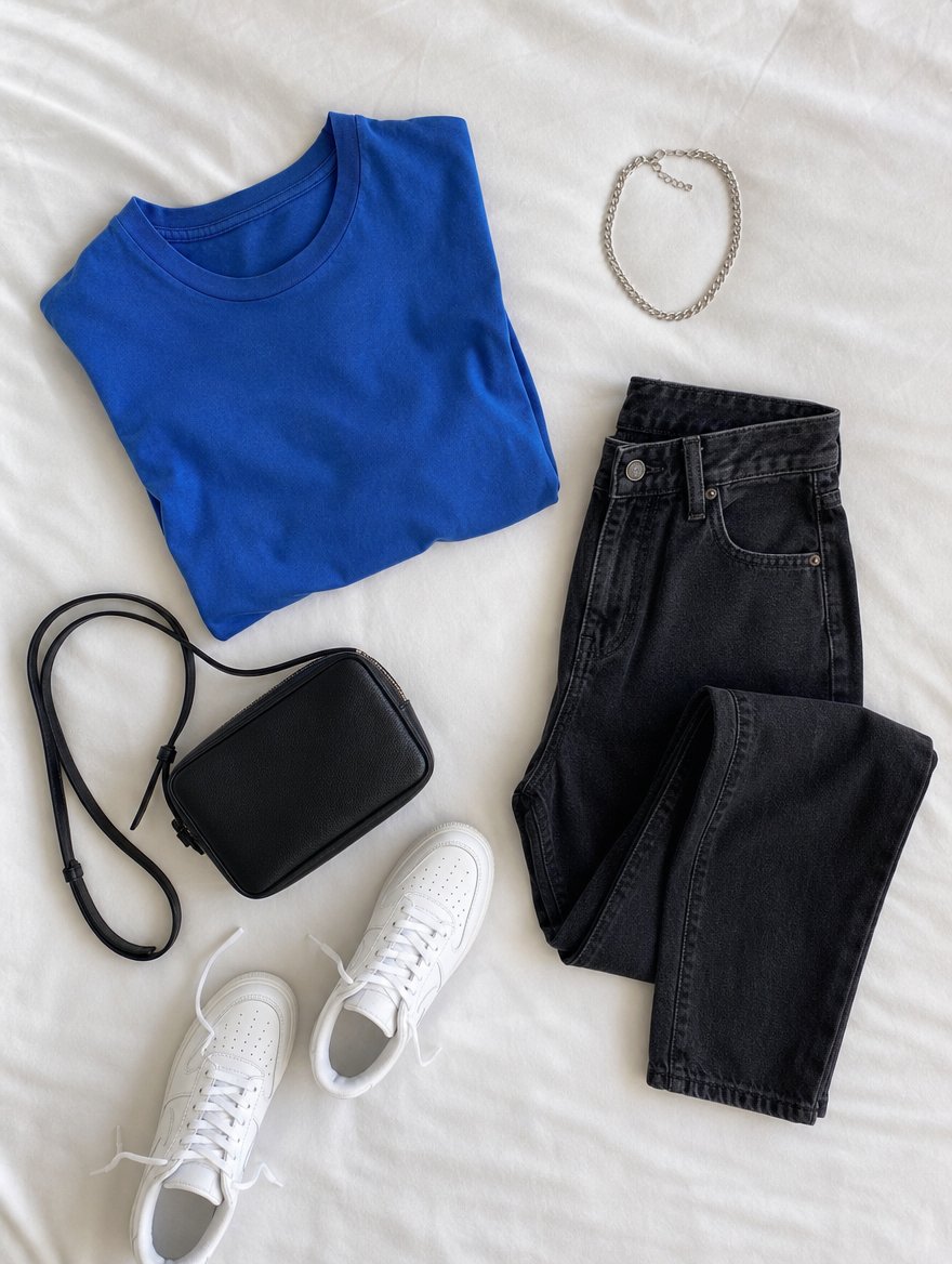 Bright Winter casual everyday outfit flat lay — Magenta tee + clean dark denim + black sneakers + silver hoops