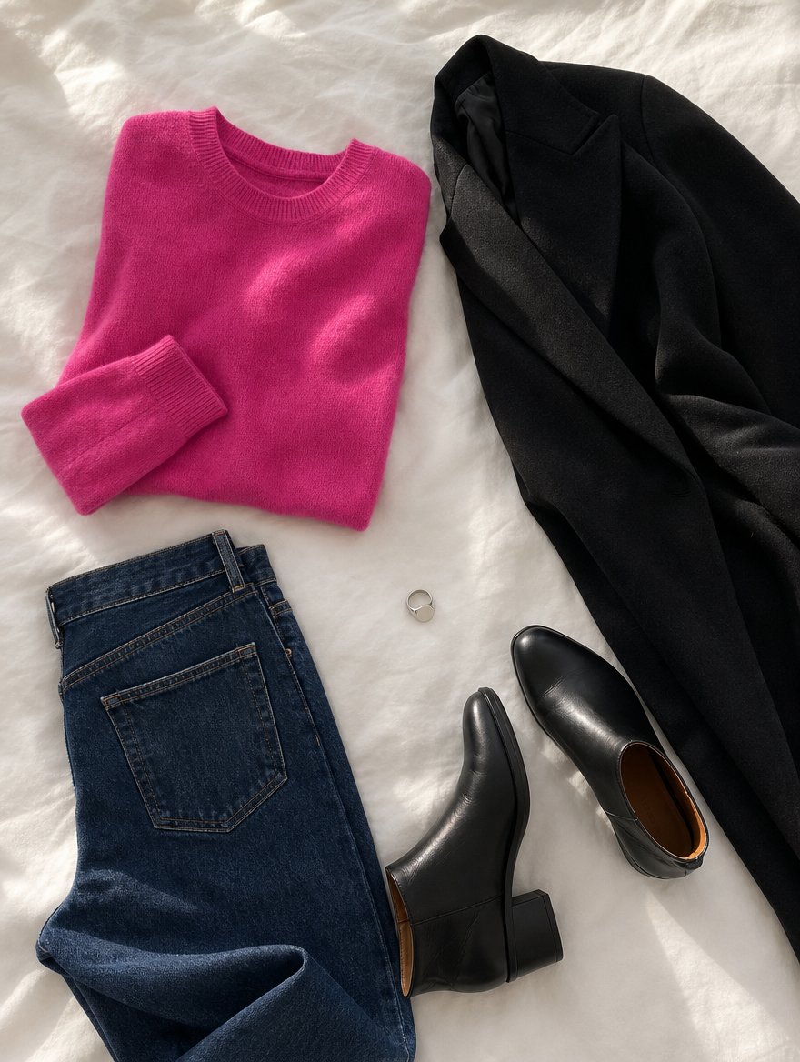 Bright Winter cooler weather outfit flat lay — Emerald green sweater + black wool pants + black boots + lemon yellow scarf
