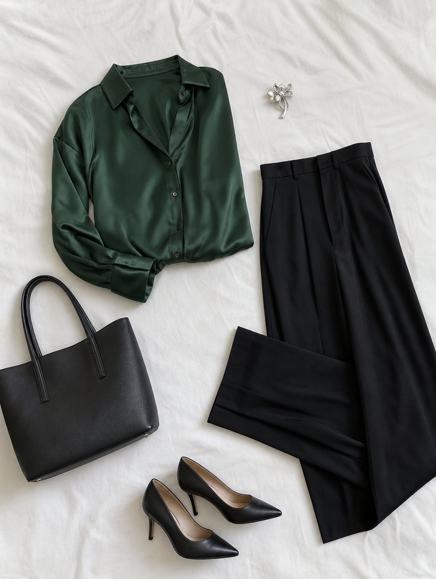 Bright Winter polished workday outfit flat lay — Pure white silk blouse + black tailored trousers + black pointed pumps + statement silver earrings