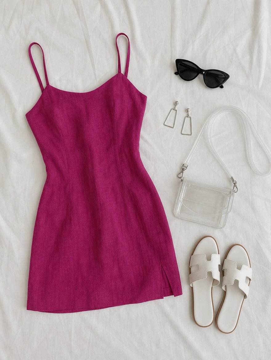 Bright Winter warm weather outfit flat lay — Royal blue midi dress + black sandals + silver pendant + sleek leather bag