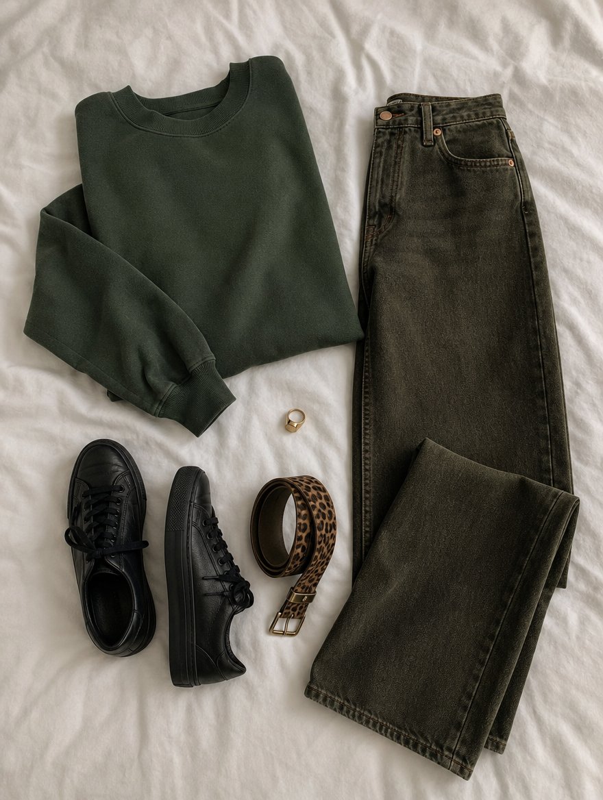 Deep Autumn casual everyday outfit flat lay — Burgundy knit tee + warm dark denim + warm dark brown leather boots + brass cuff