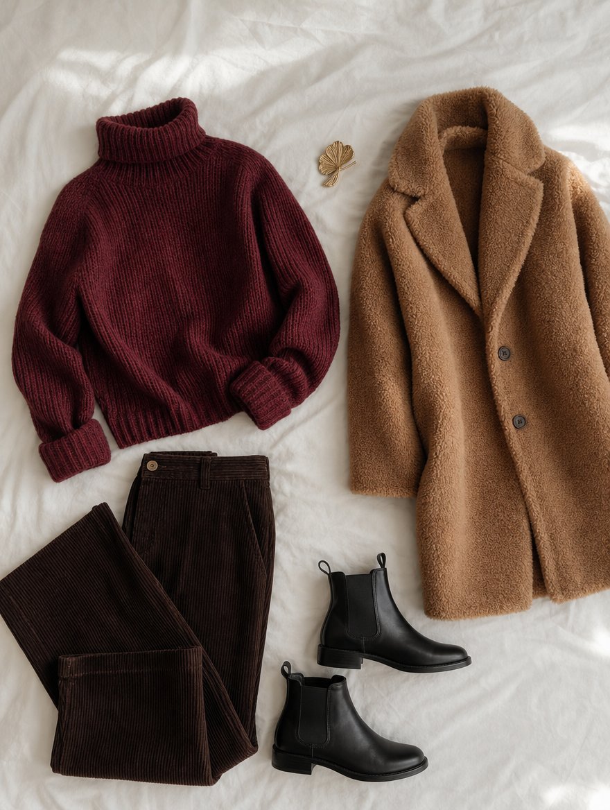 Deep Autumn cooler weather outfit flat lay — Forest green wool sweater + warm dark brown cords + warm black boots + burgundy wool scarf