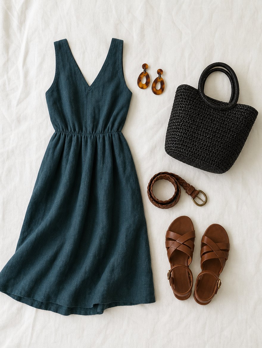 Deep Autumn warm weather outfit flat lay — Deep gold midi dress + warm dark brown sandals + leather woven bag + heavy brass pendant