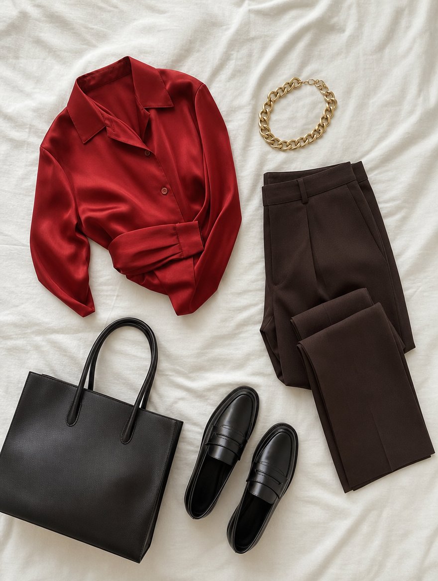 Deep Autumn workday outfit flat lay — tomato red silk blouse + espresso brown tailored trousers + black leather loafers + heavy gold chain necklace + black structured tote