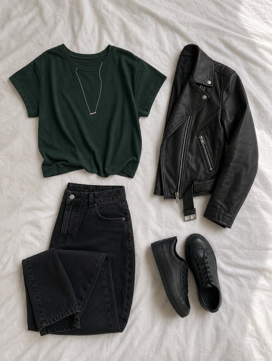 Deep Winter casual everyday outfit flat lay — Burgundy knit tee + dark wash denim + black leather boots + small silver studs