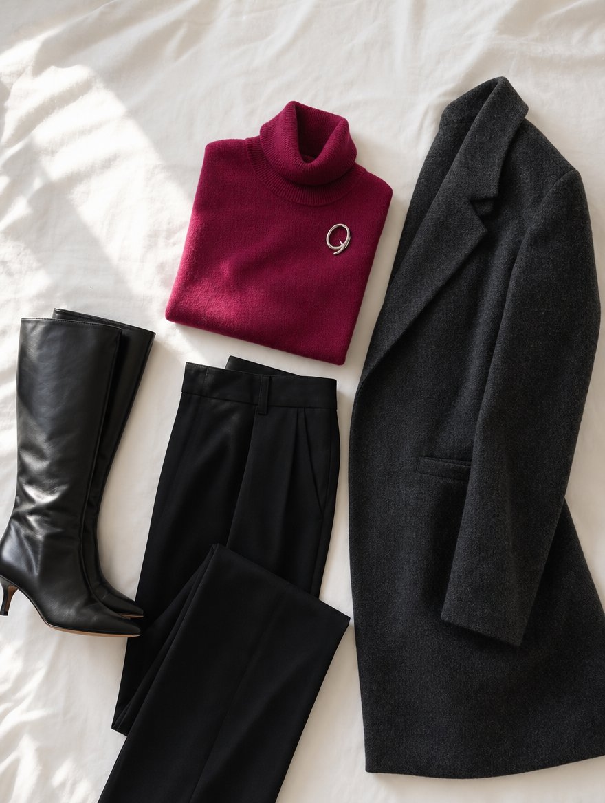 Deep Winter cooler weather outfit flat lay — Midnight blue wool sweater + black wool trousers + black ankle boots + burgundy wool scarf