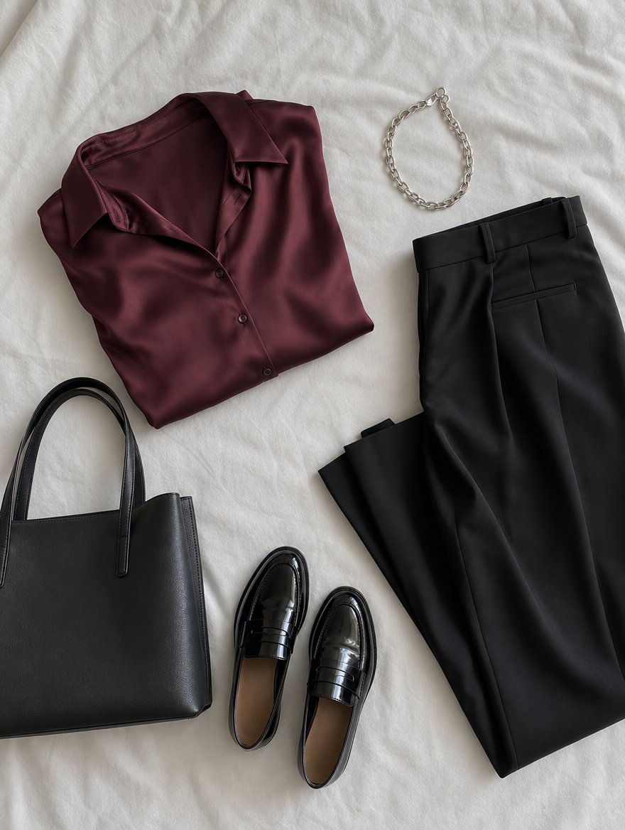 Deep Winter polished workday outfit flat lay — Crisp white silk blouse + black tailored trousers + cool espresso pumps + heavy silver cuff
