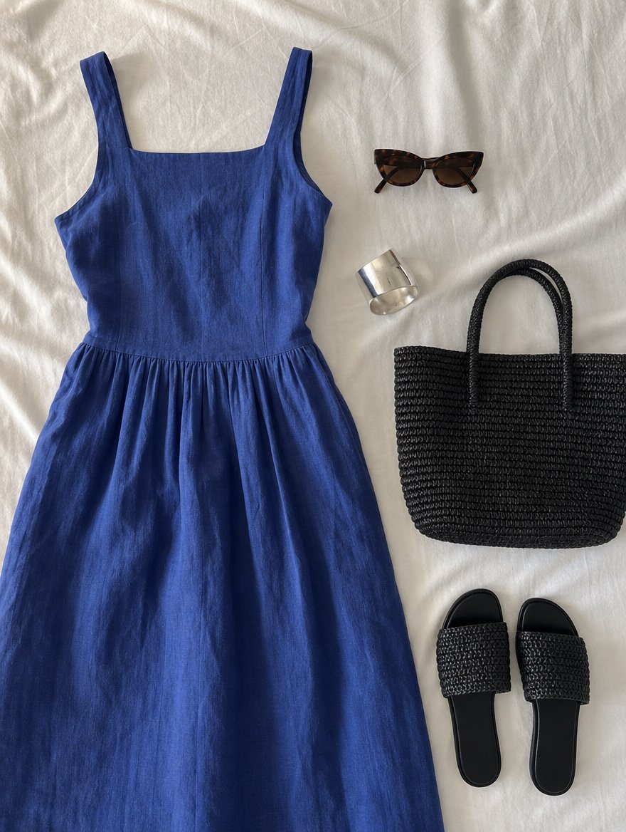 Deep Winter warm weather outfit flat lay — Deep emerald midi dress + black sandals + silver layered necklaces + black leather bag