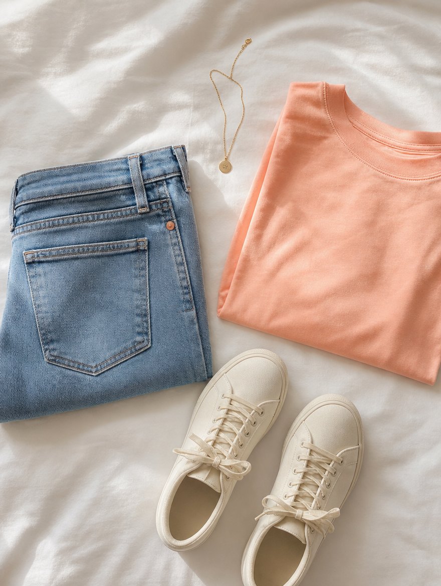 Light Spring casual everyday outfit flat lay — Soft coral tee + light-wash denim + ivory sneakers + delicate gold pendant