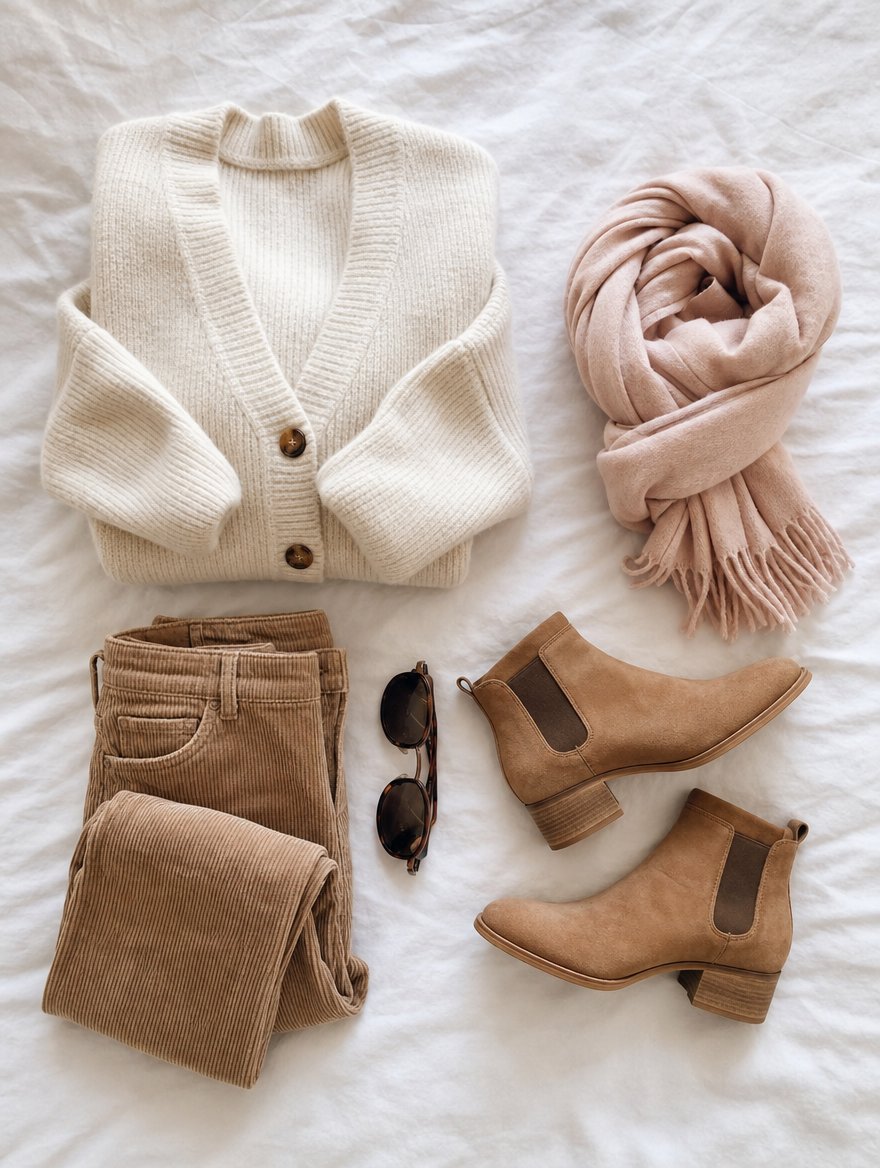 Light Spring cooler weather outfit flat lay — Warm cream cardigan + light camel cords + soft caramel boots + blush scarf