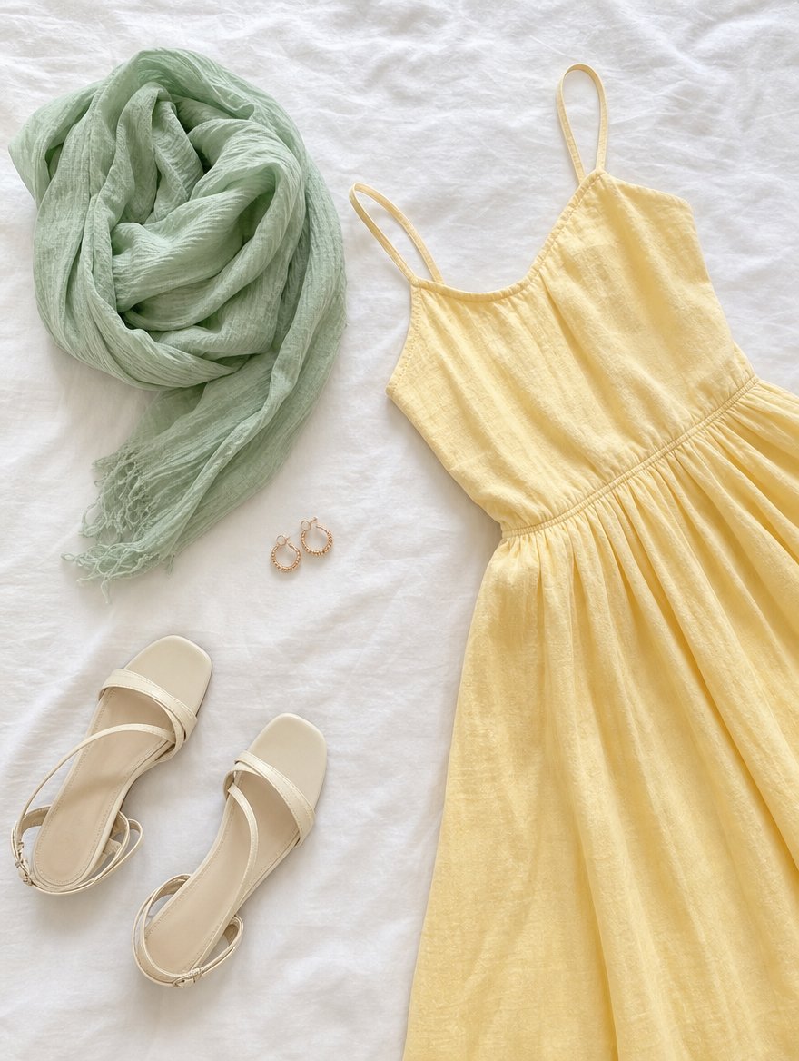 Light Spring warm weather outfit flat lay — Butter yellow sundress + ivory sandals + warm mint scarf + rose-gold earrings