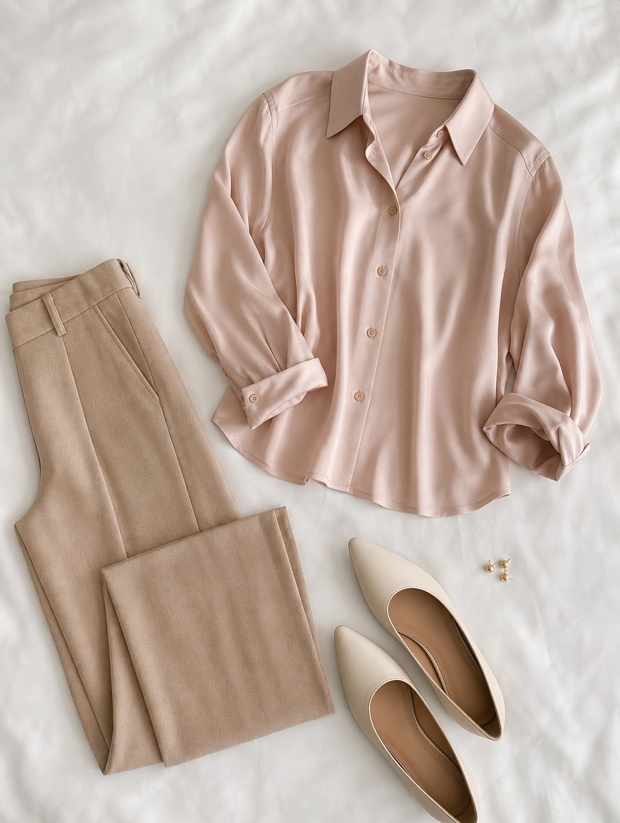 Light Spring workday outfit flat lay — Blush silk blouse + light camel trousers + cream pointed flats + small gold studs