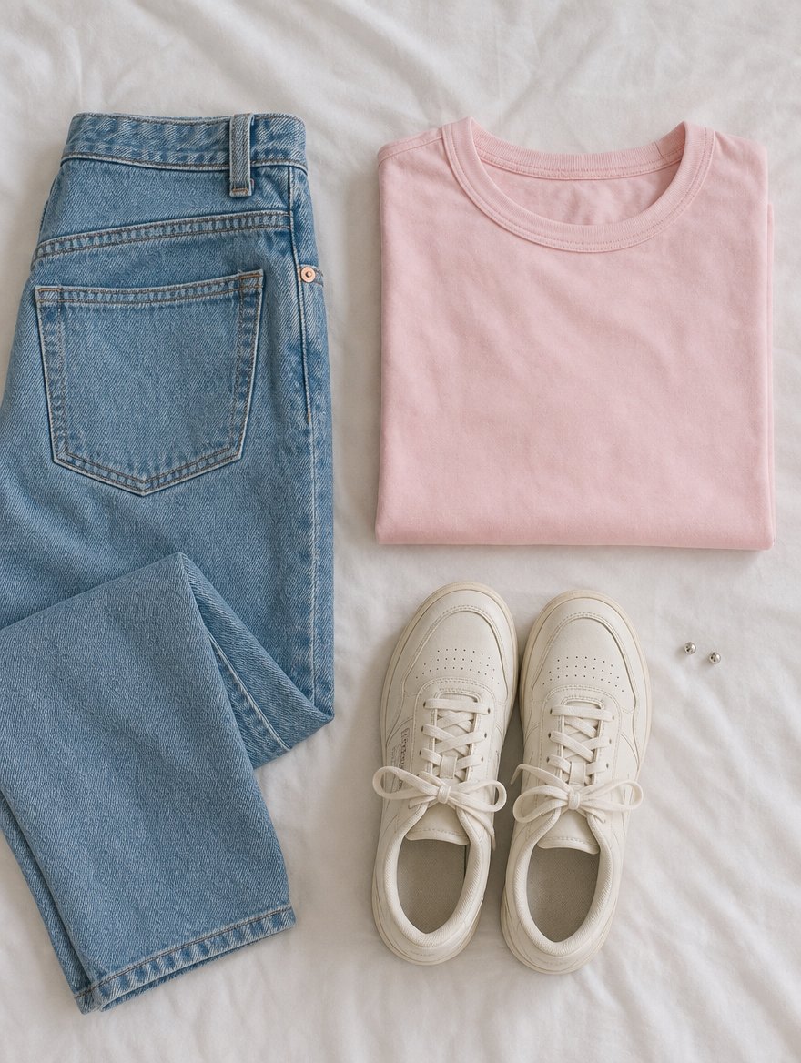 Light Summer casual everyday outfit flat lay — Soft pink tee + light cool denim + cream sneakers + tiny silver studs