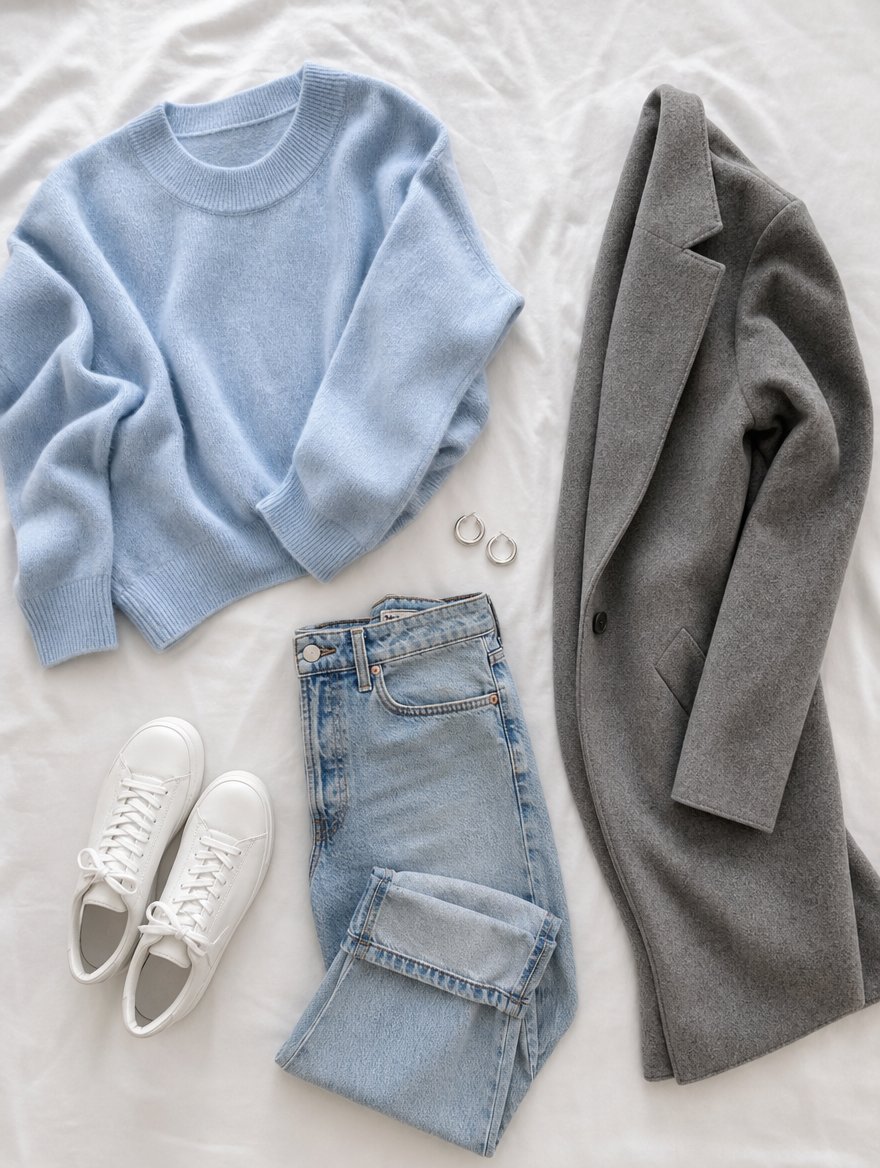 Light Summer cooler weather outfit flat lay — Dusty rose cardigan + light cool gray cords + dove gray boots + powder blue scarf