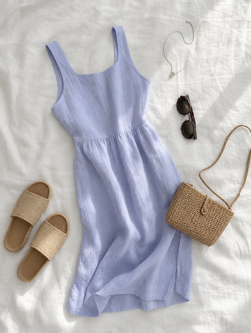 Light Summer warm weather outfit flat lay — Lavender sundress + soft pink sandals + silver layered necklaces + cool straw bag