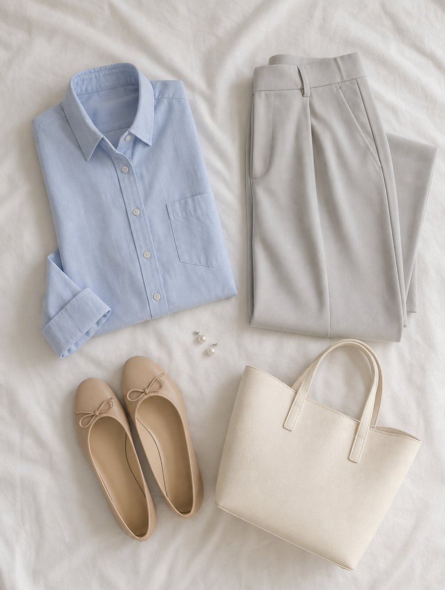 Light Summer workday outfit flat lay — Powder blue silk blouse + dove gray trousers + cream pointed flats + small silver chain
