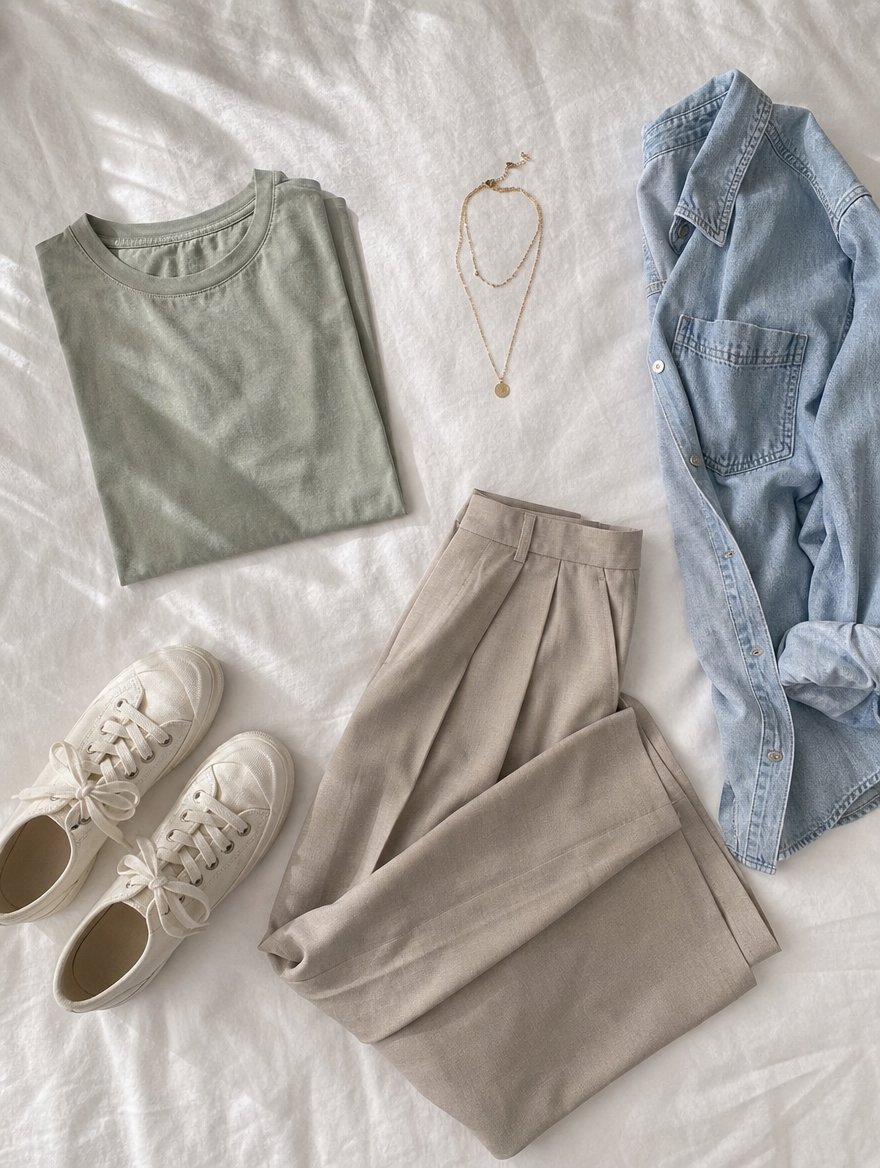 Soft Autumn casual everyday outfit flat lay — Soft terracotta tee + warm mid-wash denim + warm taupe sneakers + small antique gold studs