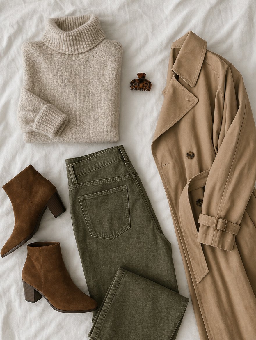 Soft Autumn cooler weather outfit flat lay — Sage cashmere sweater + warm taupe cords + soft warm brown boots + muted gold scarf