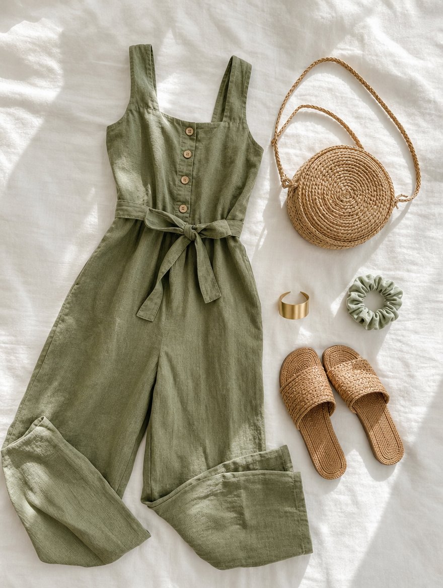 Soft Autumn warm weather outfit flat lay — Dusty rose midi dress + warm tan sandals + brushed bronze pendant + woven leather bag