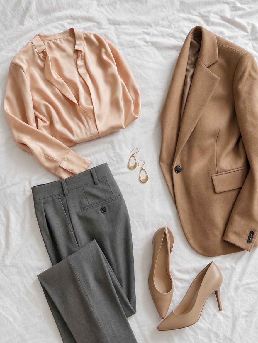 Soft Autumn workday outfit flat lay — Warm cream silk blouse + soft camel trousers + soft warm tan flats + delicate antique gold chain