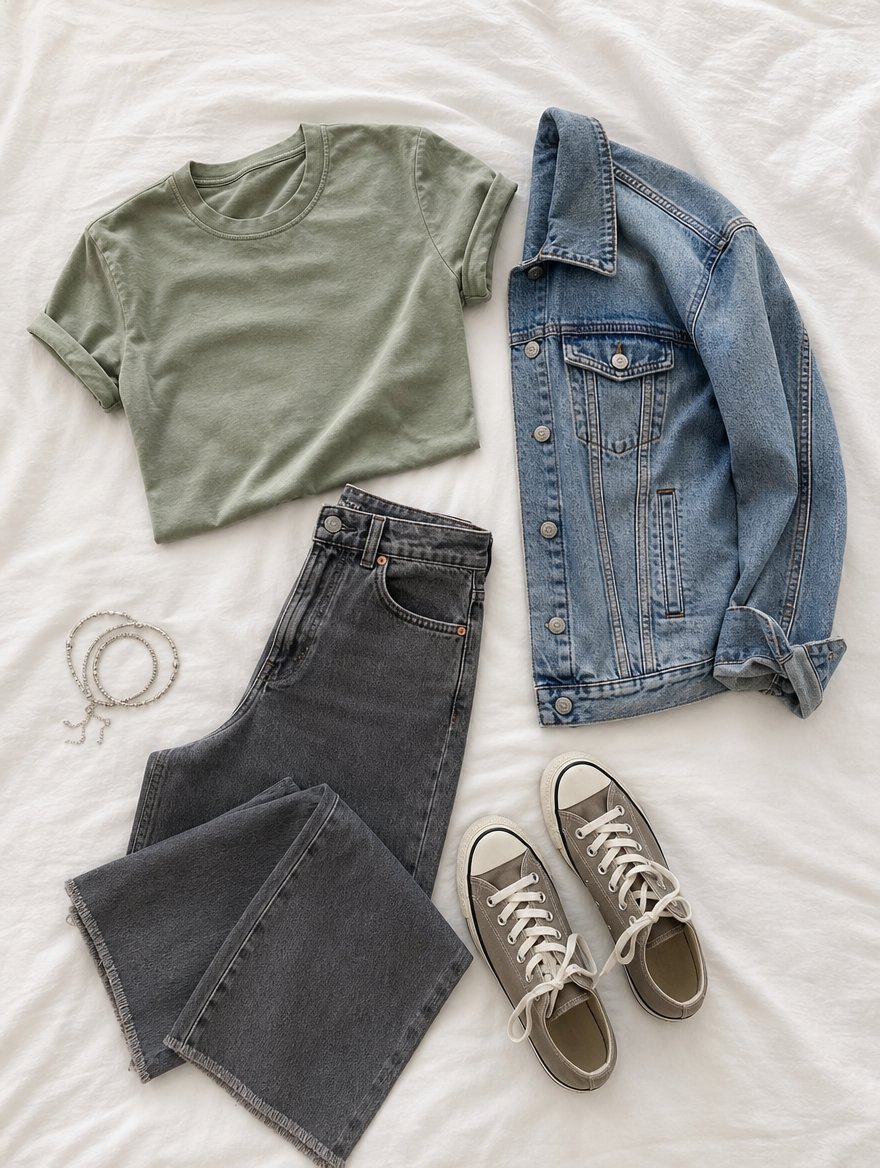 Soft Summer casual everyday outfit flat lay — Dusty rose tee + cool mid-wash denim + mushroom sneakers + small silver studs