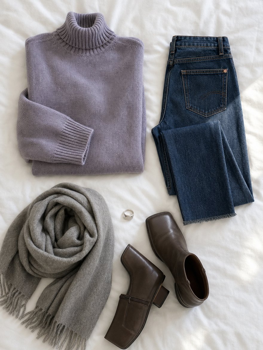 Soft Summer cooler weather outfit flat lay — Soft burgundy sweater + dove gray cords + mushroom ankle boots + dusty rose scarf
